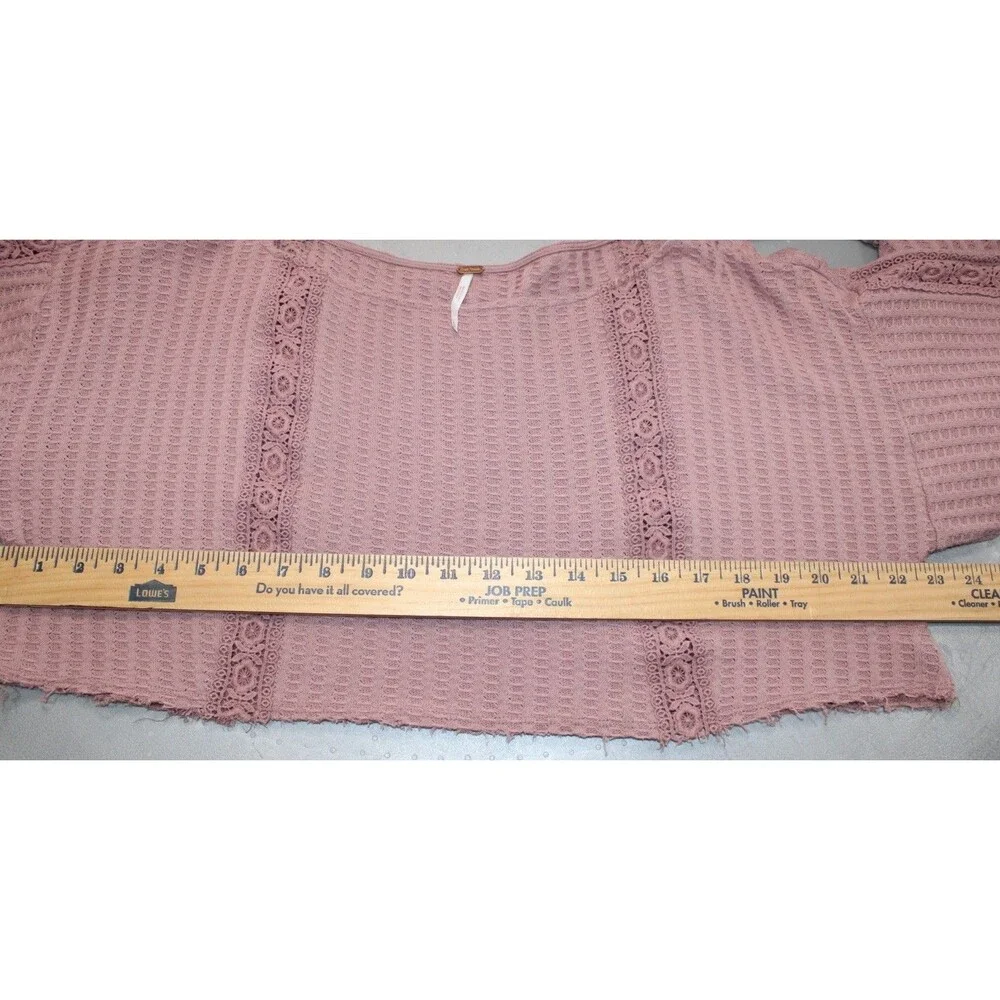 Free People Womens Waffle Knit Lace Crop Top Pink Boho‎ Long Sleeve Textured S